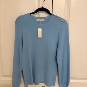 LOFT Sky Blue Crewneck Sweater with Shoulder Buttons